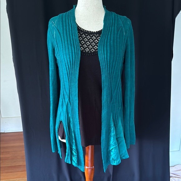 Teal Open Front Cardigan Sweater, medium + Black top - Picture 1 of 15